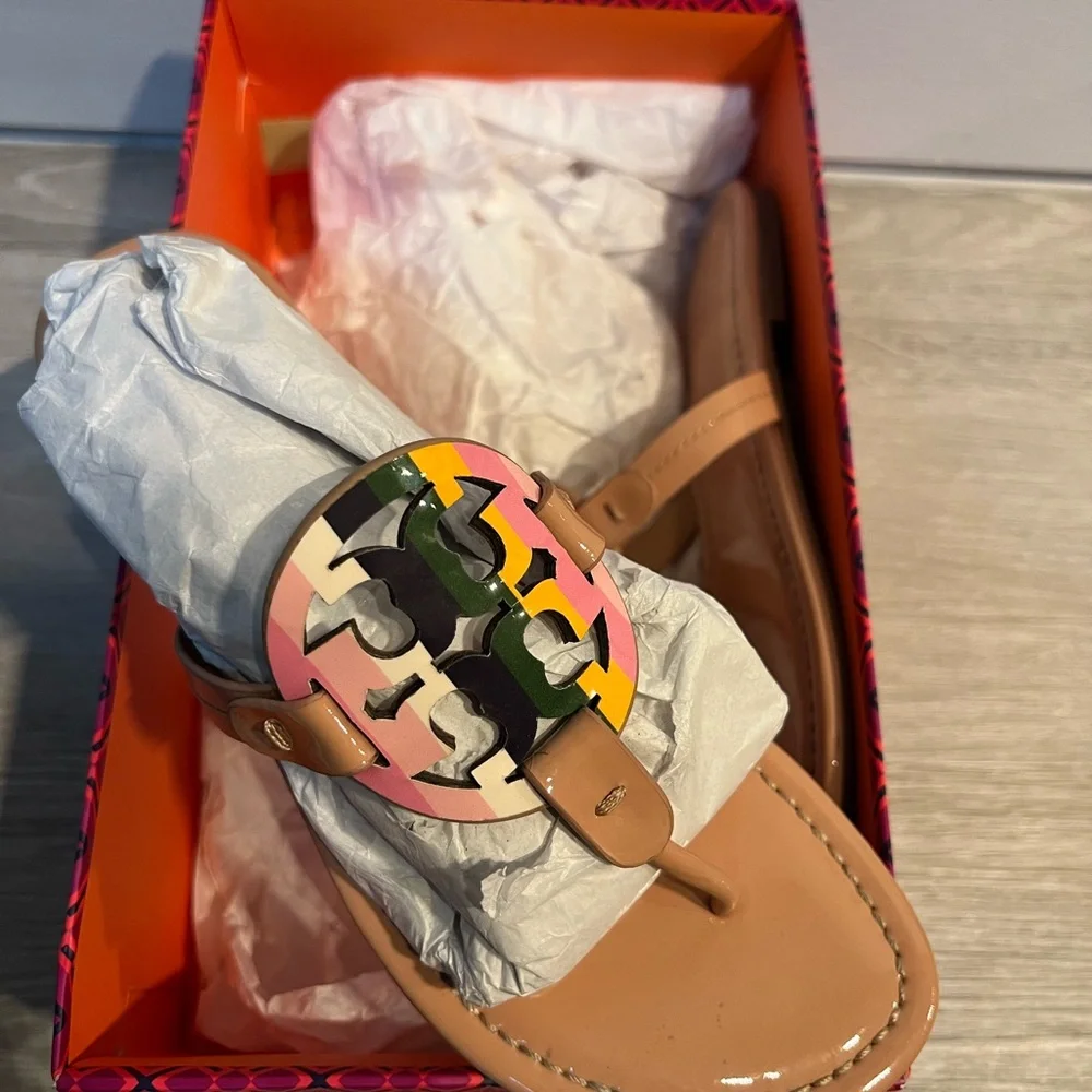 Tory Burch Nude Thong Sandal with Pink, Green, Yellow & Black Logo - Picture 2 of 5